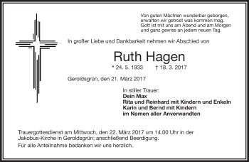 Traueranzeige von Ruth Hagen von Frankenpost