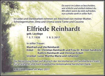 Traueranzeige von Elfriede Reinhardt von Südthüringer Presse