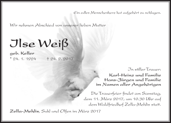 Traueranzeige von Ilse Weiß von Südthüringer Presse