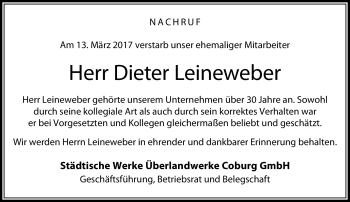 Traueranzeige von Dieter Leineweber von Neue Presse Coburg