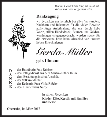 Traueranzeige von Gerda Müller von Südthüringer Presse