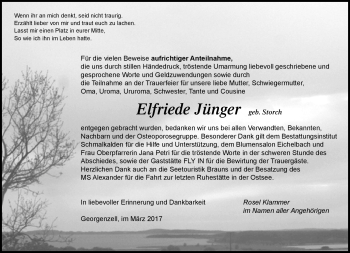 Traueranzeige von Elfriede Jünger von Südthüringer Presse