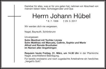 Traueranzeige von Johann Hübel von Frankenpost