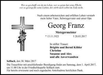 Traueranzeige von Georg Franz von Neue Presse Coburg