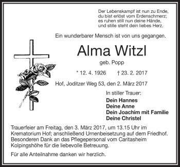 Traueranzeige von Alma Witzl von Frankenpost