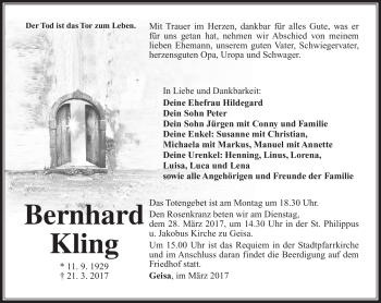 Traueranzeige von Bernhard Kling von Südthüringer Presse