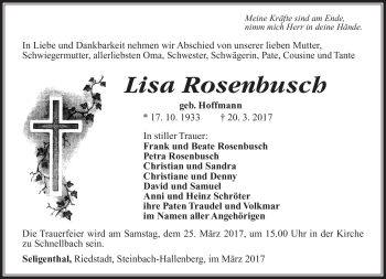 Traueranzeige von Lisa Rosenbusch von Südthüringer Presse