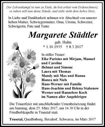 Traueranzeige von Margarete Städtler von Südthüringer Presse