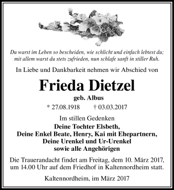 Traueranzeige von Frieda Dietzel von Südthüringer Presse