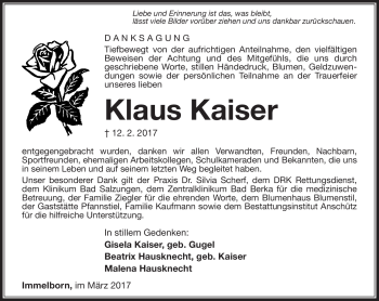 Traueranzeige von Klaus Kaiser von Südthüringer Presse