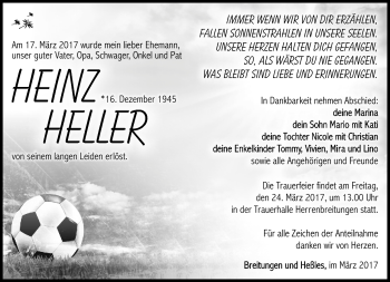 Traueranzeige von Heinz Heller von Südthüringer Presse