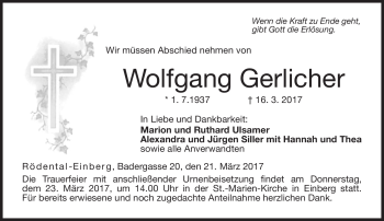 Traueranzeige von Wolfgang Gerlicher von Neue Presse Coburg
