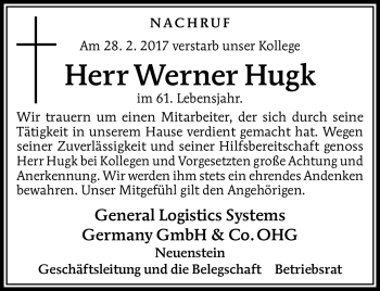 Traueranzeige von Werner Hugk von Südthüringer Presse