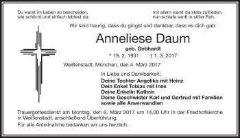 Traueranzeige von Anneliese Daum von Frankenpost