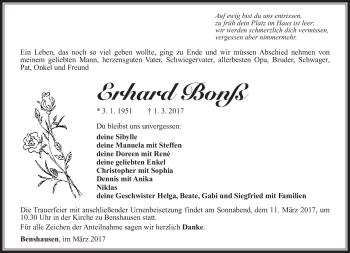 Traueranzeige von Erhard Bonß von Südthüringer Presse
