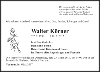 Traueranzeige von Walter Körner von Südthüringer Presse