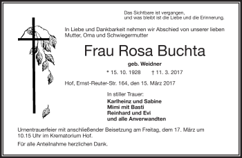 Traueranzeige von Rosa Buchta von Frankenpost