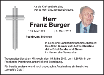 Traueranzeige von Franz Burger von Frankenpost