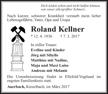 Traueranzeige von Roland Kellner von Südthüringer Presse