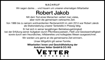 Traueranzeige von Robert Jakob von Neue Presse Coburg