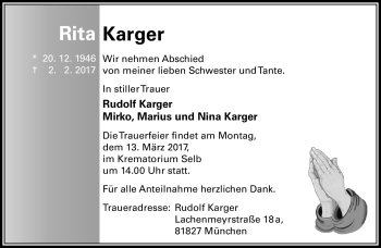 Traueranzeige von Rita Karger von Frankenpost