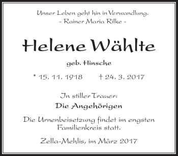 Traueranzeige von Helene Wählte von Südthüringer Presse