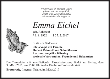 Traueranzeige von Emma Eichel von Südthüringer Presse