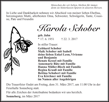Traueranzeige von Karola Schober von Südthüringer Presse