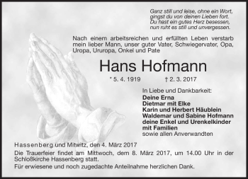 Traueranzeige von Hans Hofmann von Neue Presse Coburg