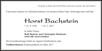 Traueranzeige von Horst Bachstein von Südthüringer Presse