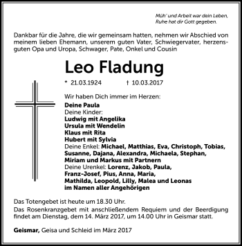 Traueranzeige von Leo Fladung von Südthüringer Presse