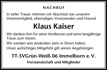 Traueranzeige von Klaus Kaiser von Südthüringer Presse