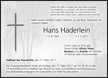 Traueranzeige von Hans Haderlein von Neue Presse Coburg