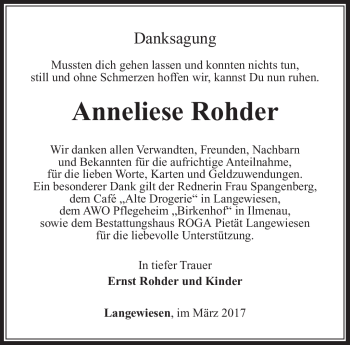 Traueranzeige von Anneliese Rohder von Südthüringer Presse