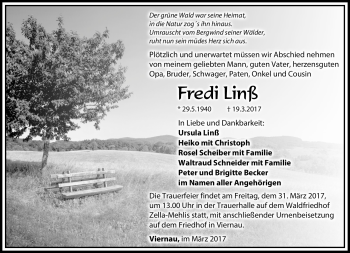 Traueranzeige von Fredi Linß von Südthüringer Presse