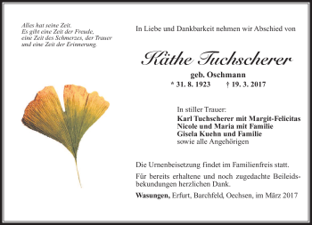 Traueranzeige von Käthe Tuchscherer von Südthüringer Presse