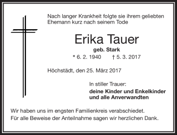 Traueranzeige von Erika Tauer von Frankenpost