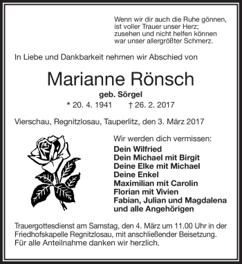 Traueranzeige von Marianne Rönsch von Frankenpost