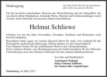 Traueranzeige von Helmut Schliewe von Südthüringer Presse