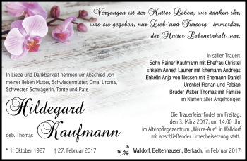 Traueranzeige von Hildegard Kaufmann von Südthüringer Presse