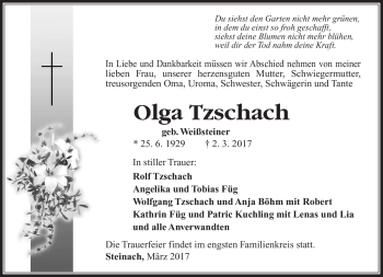 Traueranzeige von Olga Tzschach von Südthüringer Presse