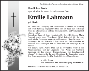 Traueranzeige von Emilie Lahmann von Südthüringer Presse