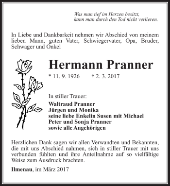 Traueranzeige von Hermann Pranner von Südthüringer Presse