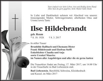Traueranzeige von Ilse Hildebrandt von Südthüringer Presse