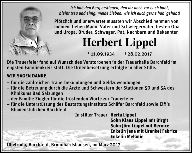  Traueranzeige für Herbert Lippel vom 18.03.2017 aus Südthüringer Presse