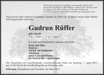 Traueranzeige von Gudrun Rüffner von Südthüringer Presse