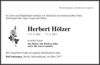 Traueranzeige von Herbert Hölzer von Südthüringer Presse
