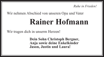 Traueranzeige von Rainer Hofmann von Südthüringer Presse