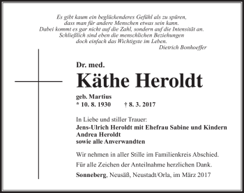 Traueranzeige von Käthe Heroldt von Südthüringer Presse