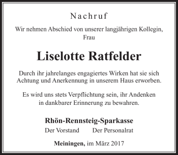 Traueranzeige von Lieselotte Rathfelder von Südthüringer Presse